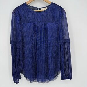 Anthropologie MOULINETTE SOEURS Blue Metallic Crystal Pleated Blouse Size Med‎